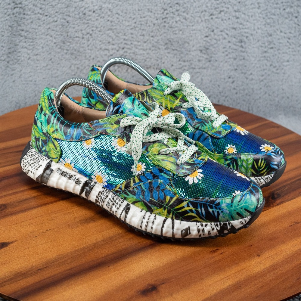 Laura Vita L'Artiste Burton Sneakers Green Floral Sequin Newsprint Womens 42